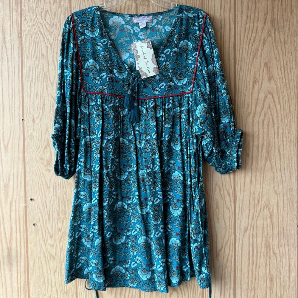Band of the Free puff sleeve pocket short mini dress Aqua Teal floral BOG Small - Picture 5 of 16